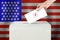 USA Vote concept. Voter hand holding ballot paper for election vote on polling station