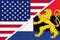 USA vs Benelux national flag from textile. Relationship between american and european countries