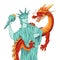 USA vs China trade war concept. Statue of Liberty and Chinese Dragon prepared for fight. Vector illustration in comic style