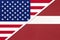 USA vs Latvia national flag from textile. Relationship between american and european countries