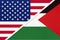 USA vs Palestine national flag from textile. Relationship between two american and asian countries