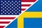 USA vs Sweden national flag from textile. Relationship between american and european countries