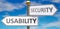 Usability and security as different choices in life - pictured as words Usability, security on road signs pointing at opposite