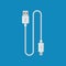 USB cable cord icon for web on blue backround.