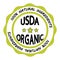 USDA organic. Green sign for organic, ecological product or food. Vector icon for product without GMO. Stamp with two Eco leaves