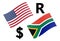 USDZAR forex currency pair vector illustration. American and South Africa flag, with Dollar and Rand symbol