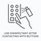 Use disifectant after contacting buttons flat line icon. Vector outline illustration of hand touching elevator button