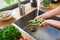 Only use the freshest ingredients. a woman washing vegetables in a kitchen sink.