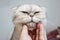 Use hand stroking the Exotic Shorthair cat neck and make the happy cat spellbound and close eye