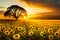 Use this lovely natural backdrop of a sunflower field and a dry tree limb against a vibrant gloomy sky in the twilight