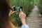 Use phone taking photo in mangrove footpath