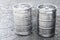 Used aluminum kegs, small barrels with beer