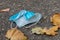 A used blue disposable medical mask was thrown to the ground. The concept of improper disposal of used protective equipment.