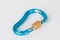 Used blue HMS  carabiner, screw lock snap hook, climbing  equipment on white background
