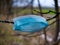 A used, blue surgical mask used for COVID-19 PPE protection, discarded as litter by a rural countryside hedgerow