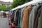used clothes in the outdoor flea market stall