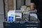 Used French books for stale at an outdoor bookstore on Rue de l`ecole in central Paris