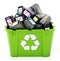 Used inkjet printer cartridges inside green recycle box. 3D illustration