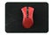 Used metal red gaming mouse with scratches on professional pad isolated on white