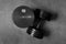 Used and old black gym dumbbells, black and white image, photo.