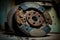 Used rusty brake discs lie on floor in auto workshop