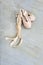 Used small ballet shoes pointe on a floor. Kid dances