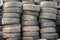 Used  tires pile in the tire repair shop yard