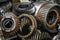 used transmission gearbox part at junkyard or scrapyard for recycling with selective focus