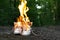 Used white high sneakers burning on a rural road that runs in the forest