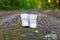 Used white high sneakers stand on a rural road that runs in the forest