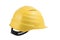 Used Yellow safety helmet isolated on white background. Clipping path saved. Protection helmet, construction equipment. Yellow har