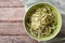Useful raw zucchini pasta in a bowl close up. horizontal top vie