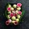 Useful vegetables. Radish watermelon on a metal tray, diet food.