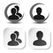 User and community black symbols. Simple man silhouette. Profile labels on white square sticker and round symbol. Sign of member