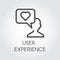 User experience icon in thin line style. Heart symbol in bubbles and abstract human silhouette. Vector contour pictogram