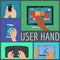 User hand seamless pattern vector illustration. Human hands holding various smart devices such as computer, laptop