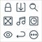 user interface line icons. linear set. quality vector line set such as more, previous, eye, alarm, music, maximize, search,