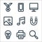 user interface line icons. linear set. quality vector line set such as search, printer, bulb, magnet, music note, photo, computer