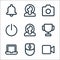 User interface line icons. linear set. quality vector line set such as video, mouse, laptop, trophy, female, power, camera, female