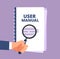 User manual with magnifying glass. User guide document and magnifier. Handbook, handbook, instruction and guidebook