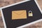 User privacy concept, email envelope miniature on desk with lock labelled security on it