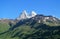 Ushba mountain, rocky peaks with snow in Svanetia Caucasian mountains in Georgia