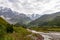 Ushguli- Patara Enguri River flowing down the valley in the Greater Caucasus Mountain Range in Georgia.