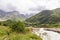 Ushguli- Patara Enguri River flowing down the valley in the Greater Caucasus Mountain Range in Georgia. Flowers