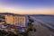 Ushuaia Hotel on Playa d\'en Bossa Beach in Ibiza. Famous hotel during sunset.