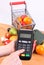 Using payment terminal, fruits and vegetables, cashless paying for shopping, enter personal identification number