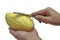Using the Peel fruit knife to peel green mango.