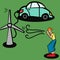 Using renewable wind energy to charge an electric vehicles. A young guy blows on a windmill that charges an electric car,
