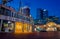 The USS Constellation Museum and Pratt Street Pavilion during twilight, at the Inner Harbor in Baltimore, Maryland