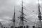 USS Constitution and Boston Skyline Charlestown Navy shipyard black and white